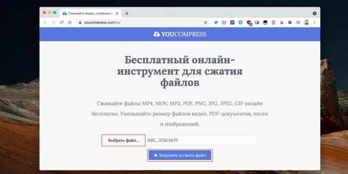 Videó tömörítése online a YourCompress segítségével: kattintson a "Fájl kiválasztása ..." gombra a videó elérési útjának megadásához