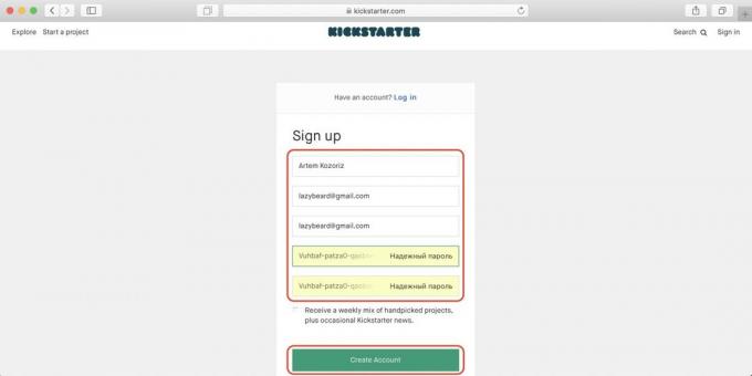 Hogyan vásároljon Kickstarter: adja meg a nevét, e-mail és jelszavát, majd kattintson a zöld gombot