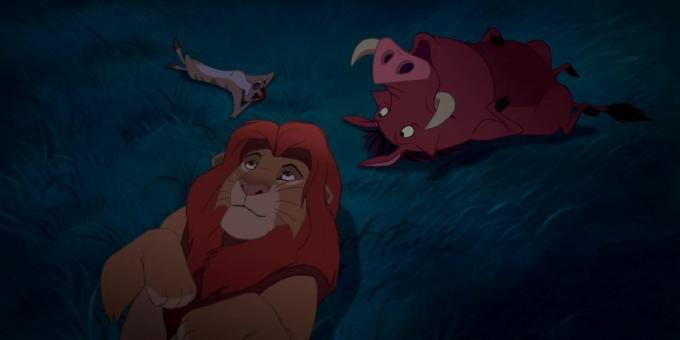 Rajzfilm „The Lion King”: Simba, Timon és Pumbaa alatt az éjszakai égbolt, és gondolj a természet csillagok