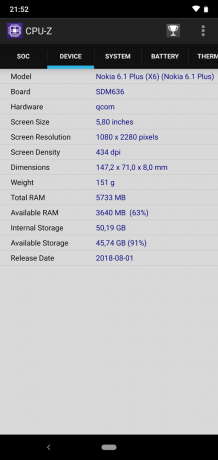 Felülvizsgálata Nokia 6.1 Plus: CPU-Z (folytatás)