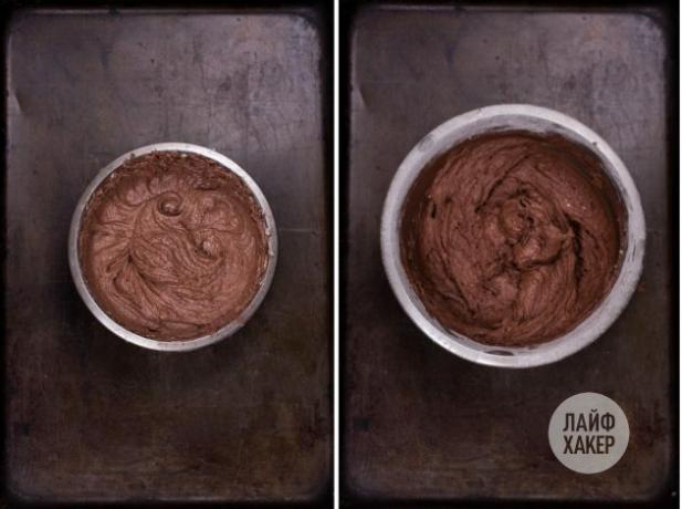 Csokoládé töltelékkel à la fondant sütik készítéséhez adjunk hozzá kakaót és egy tojást a vajhoz, verjük fel, majd keverjük össze a vajkeveréket a liszttel
