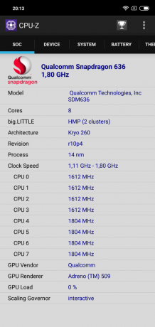 Áttekintés Xiaomi redmi 6. megjegyzés Pro: CPU-Z