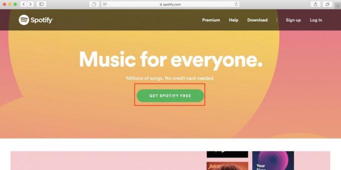 Hogyan kell használni a Spotify Oroszország: nyitva Spotify a weboldalt, és kattintson a Get Spotify ingyenes gombot
