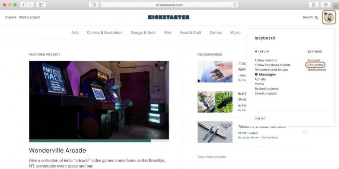 Hogyan vásároljon Kickstarter: kattintson a profil ikonra, majd - a Profil szerkesztése linkre