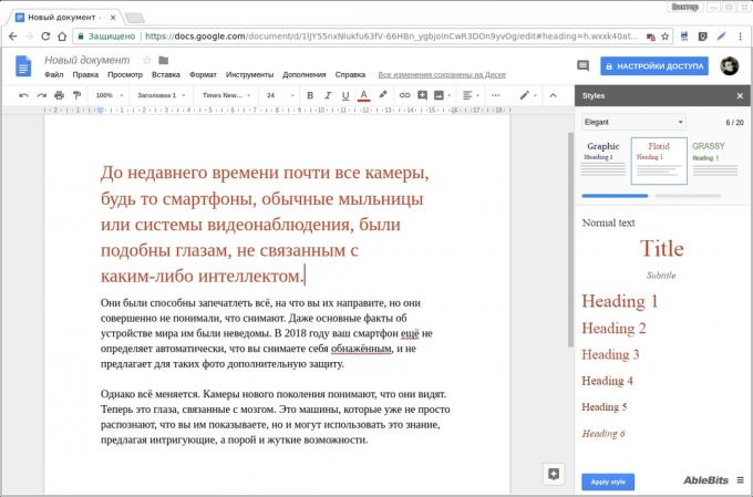 Google Docs kiegészítői: Stílusok