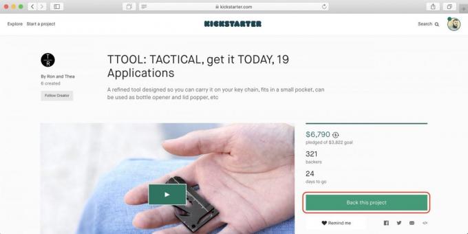 Hogyan vásároljon Kickstarter: Open az oldal tetszett a projekt, és olvassa el a feltételeket kampány