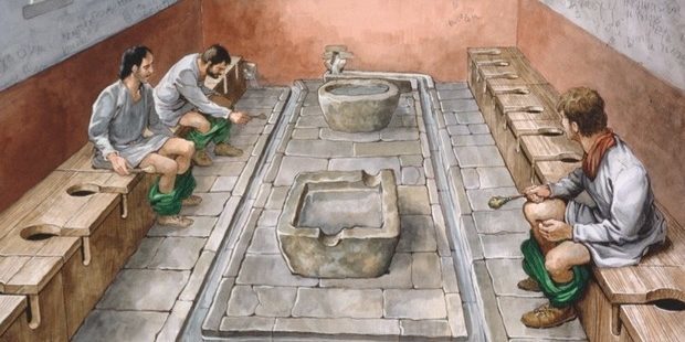 Nyilvános WC-k az ókori rómaiak egy hosszú pad lyukakkal