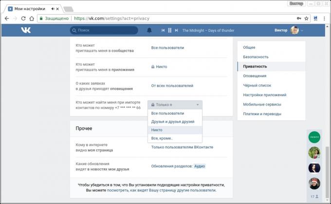 VKontakte adatvédelmi beállításokat. Ki találja meg, ha kapcsolatokat importáljon telefonszám