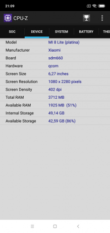 Áttekintés Xiaomi Mi 8 Lite: CPU-Z (Device)