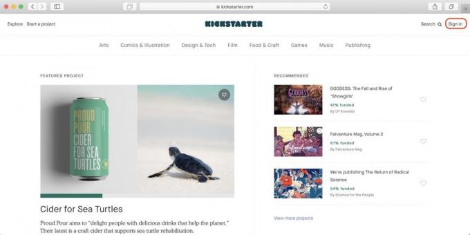 Hogyan vásároljon Kickstarter: megy a szolgáltatás honlapján, kattints a Bejelentkezés