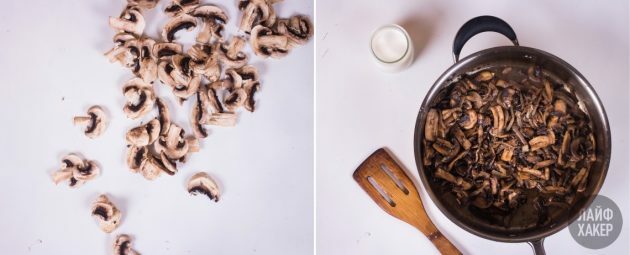 Palacsintatekercs: megdinszteli a gombát, a hagymát és a fokhagymát