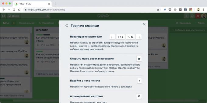 Project Management System Trello: billentyűparancsok