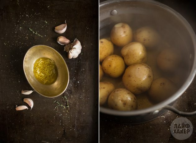 Hogyan kell sütni a burgonyát a sütőben: Forraljuk fel a burgonyát és főzzük meg a fokhagymás olajat