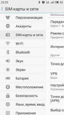 Hogyan terjeszthető az interneten Android-okostelefon: nyissa meg a «SIM-kártya és a hálózat” szakasz