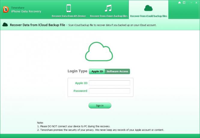 Tenorshare iPhone Adatmentés: hitelesítés segítségével iCloud-fiókot