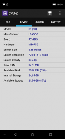 Áttekintés Leagoo S9: CPU-Z