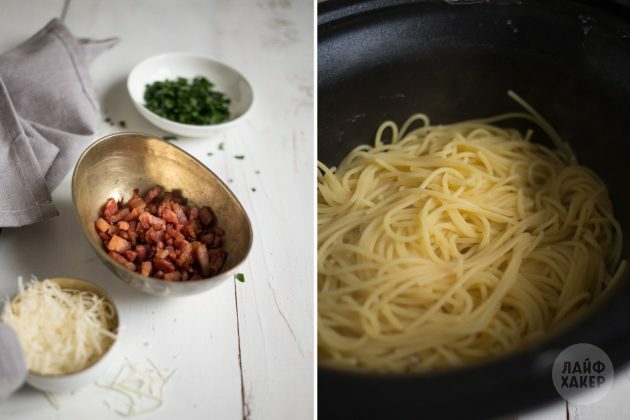 Hogyan készítsünk carbonara tésztát: pirítsuk meg a szalonnát és forraljuk fel a spagettit