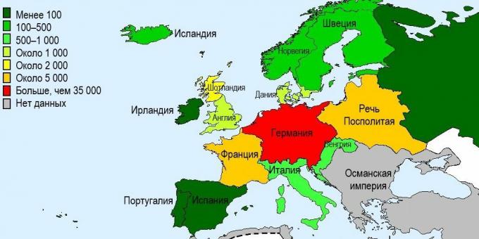 A megölt boszorkányok száma az európai országokban a 15. - 17. században.