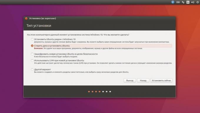 Telepítés Ubuntu helyett a jelenlegi rendszer automatikus üzemmódban,