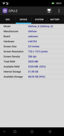 Áttekintés okostelefon Ulefone X: CPU-Z